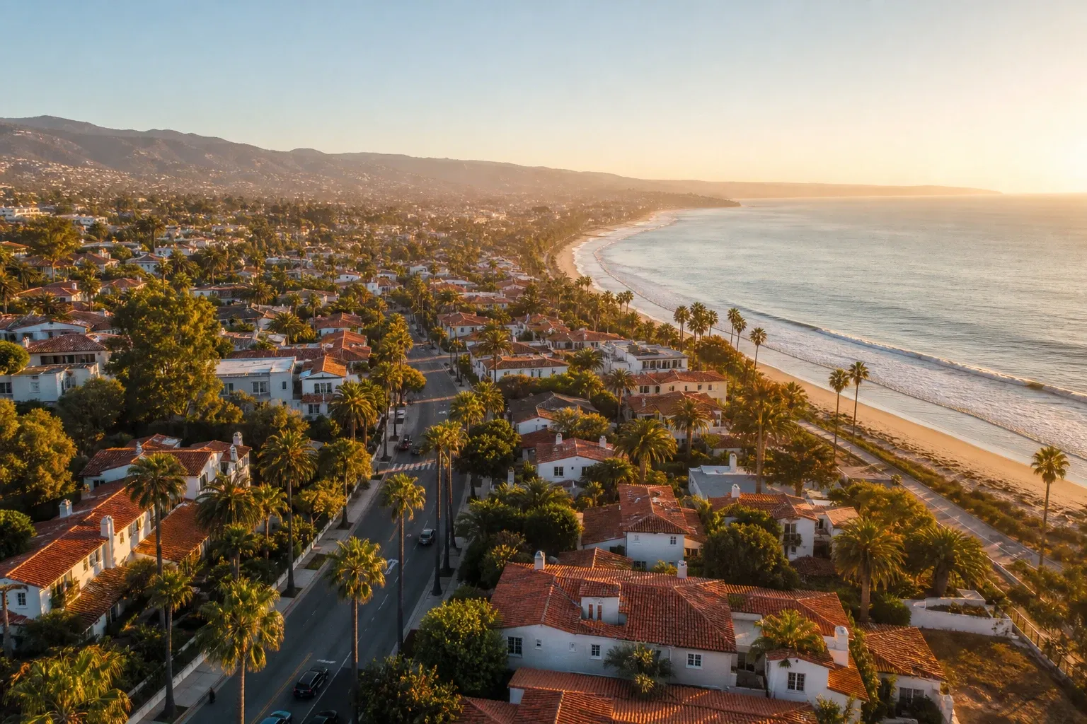 Aerial view of a Southern California coastal town at golden hour