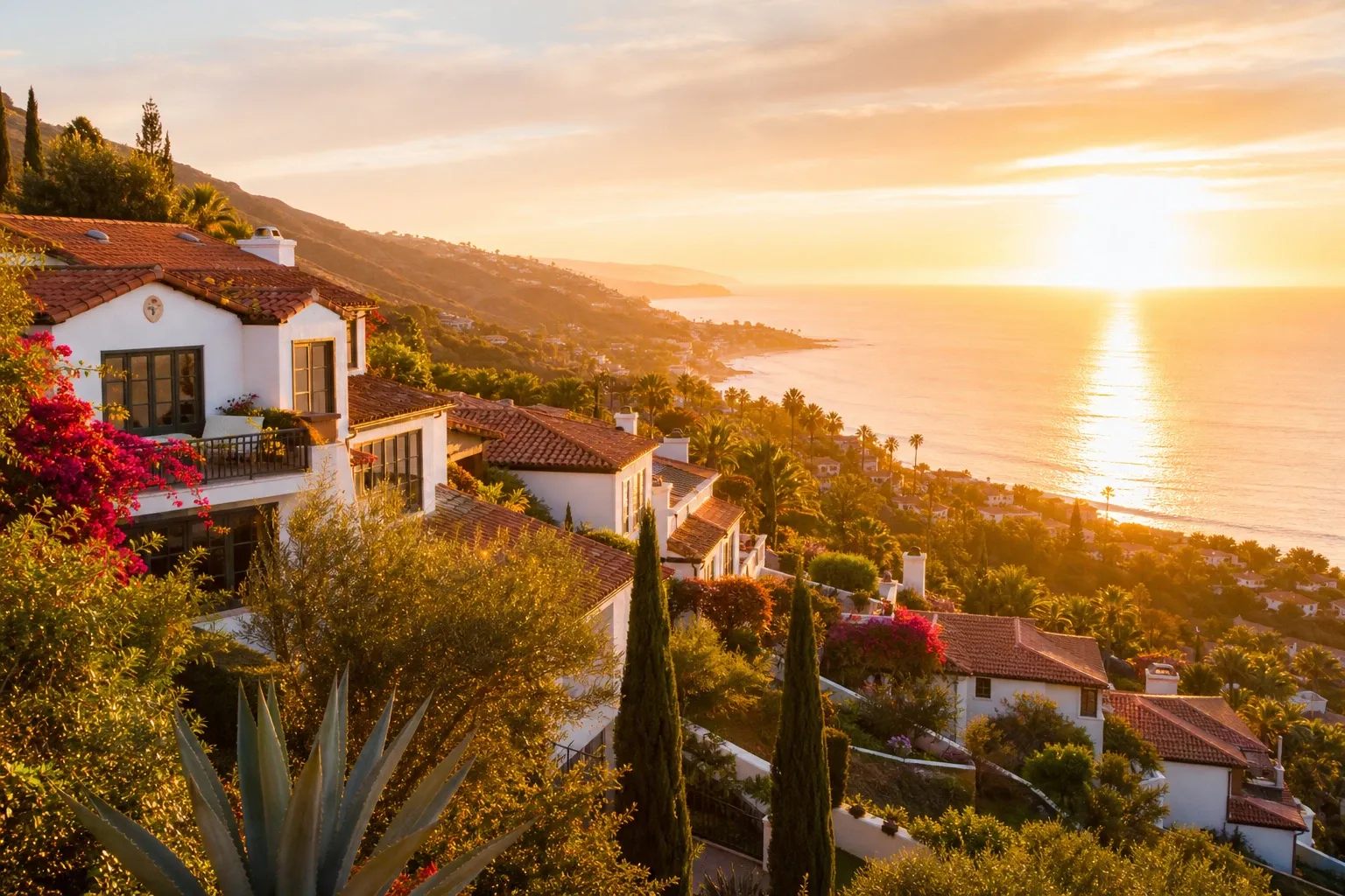 Hillside Southern California homes above the ocean at sunset