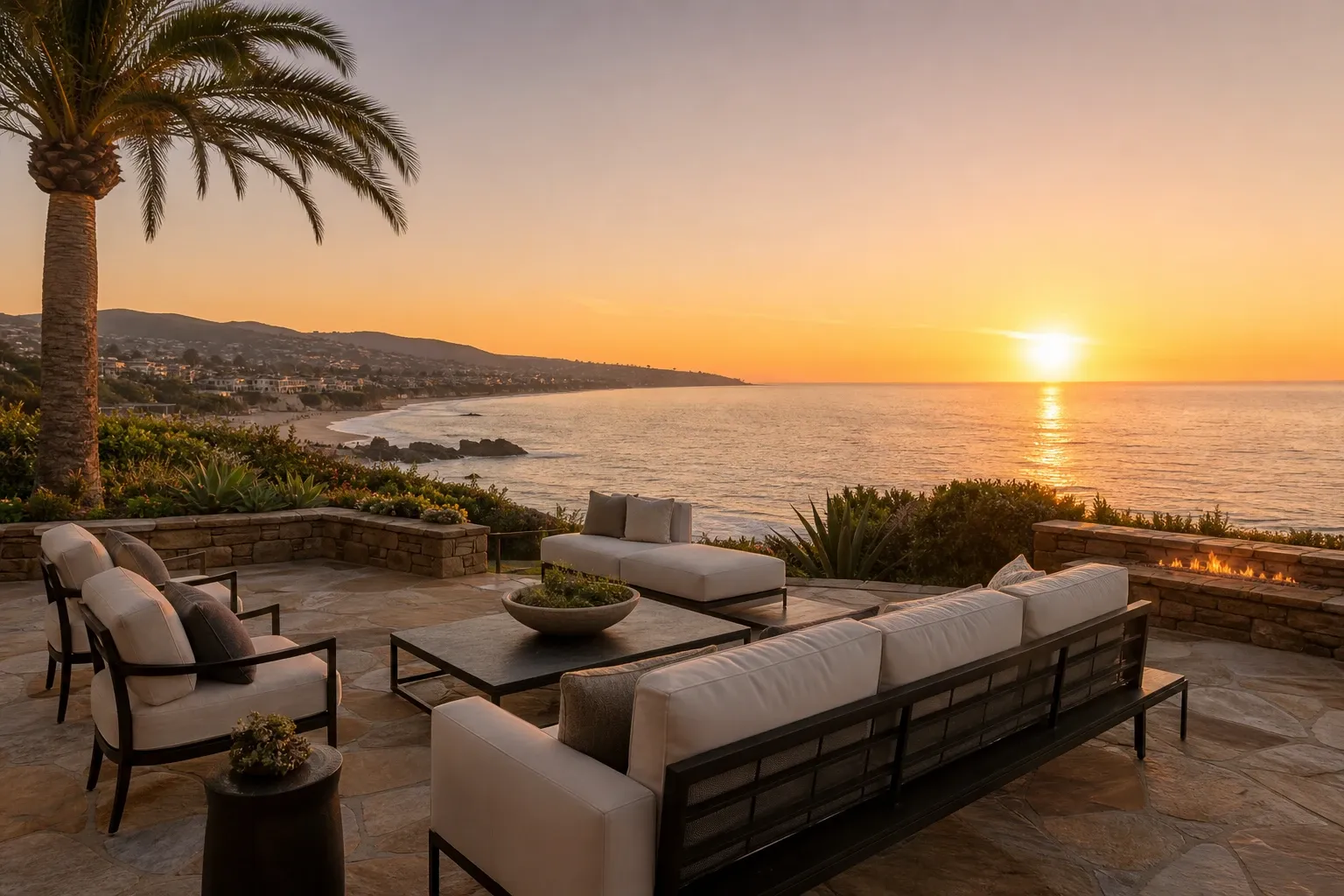 Oceanfront patio at sunset