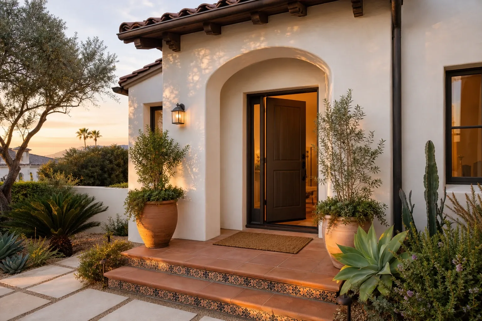 Front porch of a Southern California home at golden hour