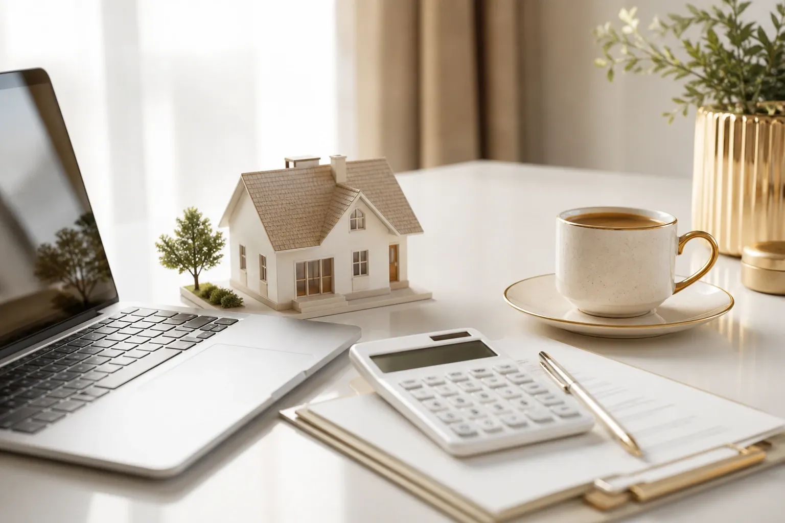 Laptop, calculator and a small model house on a desk