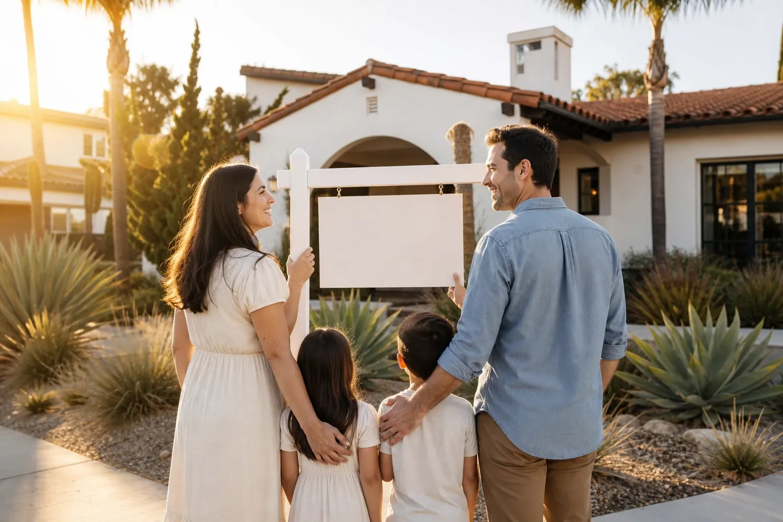Family in front of their new home with a sold sign